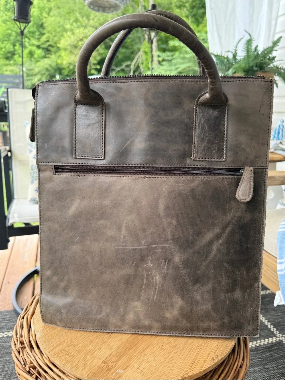 Lederzar Brown/Grey Leather Laptop Travel Tote Carryall Bag